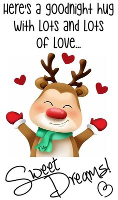 a reindeer with hearts on it's nose and the words sweet dreams are written in black