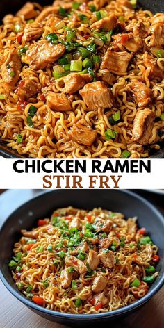 chicken ramen stir fry in a skillet