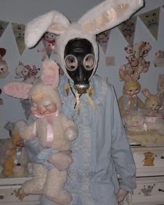 dollcore Nicole Dollanganger Morute Creepy And Cute Aesthetic, Creepy Cute Sculpture, Lowbrow Art Creepy Cute, Cute But Creepy Aesthetic, Funkytown Gore, Coquette Horror Aesthetic, Weird Art Reference, Bunny Gas Mask, Creepy Mask Aesthetic