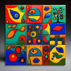 a colorful painting with many different shapes and colors