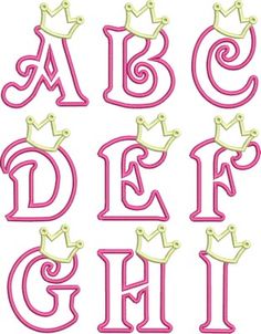 the letters and numbers with crowns on them are outlined in pink, yellow and green