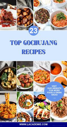 the top gochujung recipes in blue and white with text overlays