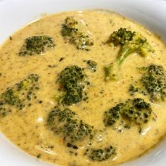 broccoli and cheese soup in a white bowl