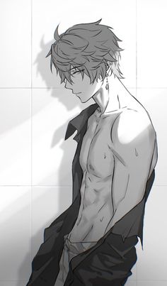 an anime character is standing in front of a white tile wall with his shirt open