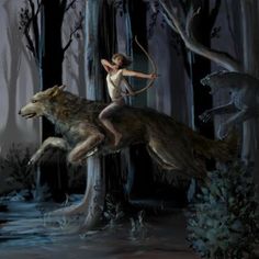 a painting of a woman riding on the back of a wolf