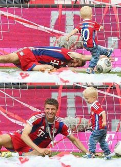 two photos of a young boy playing with a soccer ball in front of a net