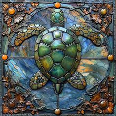 a stained glass panel with a turtle on it