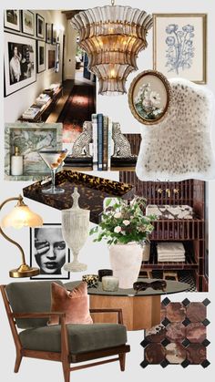 a collage of photos and furniture with pictures on the wall behind them, including a chair