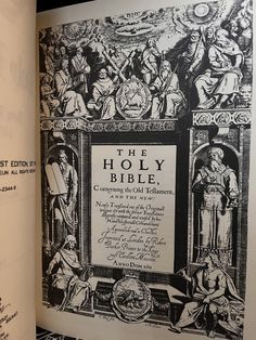 an open book with black and white illustrations on it's cover, showing the title page