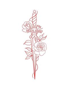 a drawing of three roses on a white background with red lines in the shape of an arrow