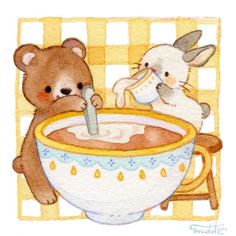 a painting of two stuffed animals eating out of a bowl