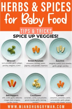 an image of baby food on plates with the words herbs and spices for baby food tips & tricks spice up veggies