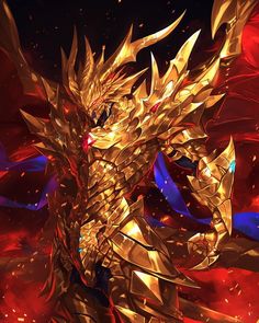 the golden dragon is standing in front of red and blue flames