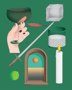 various objects are arranged on a green background, including a candle and an object in the foreground