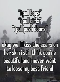 an angel standing on top of a cemetery with the words pull boys pull girls pull push doors