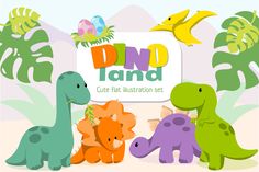 an image of dinosaurs in the jungle with text dino land on it's side