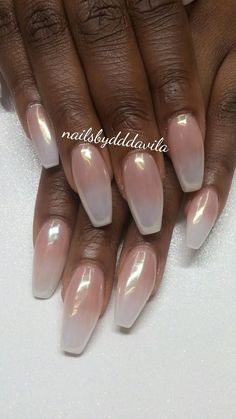 Short Coffin Bridal Nails, White Pearlized Nails, Pearly Iridescent Nails, Oval Nail Extensions, Chrome Ombre Nails Square, Bridal Coffin Nails, Iridescent Ombre Nails, Irradecent French Tip Nails, Opalescent French Tip Nails