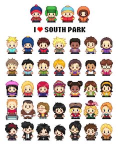 an image of the south park characters in pixel art style, with text that reads i love south park