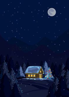 a night scene with a house and christmas tree