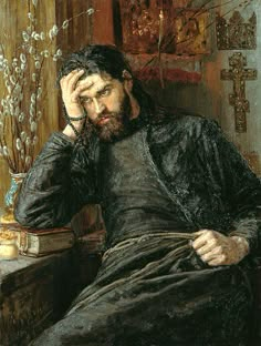 a painting of a man sitting in a chair with his hand on his head and looking to the side