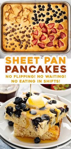 sheet pan pancakes with blueberries and strawberries on top are shown in this advertisement