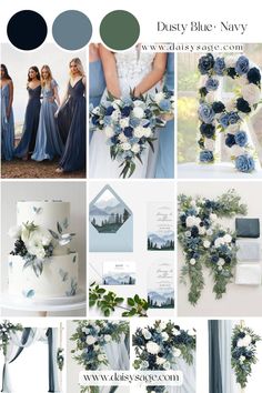 blue and white wedding color palettes for the bride's gown, dress, bouquet