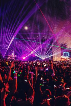 a large group of people at a concert with their hands in the air and lights on