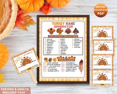 a printable turkey name generator for kids and adults to use on their thanksgiving activities