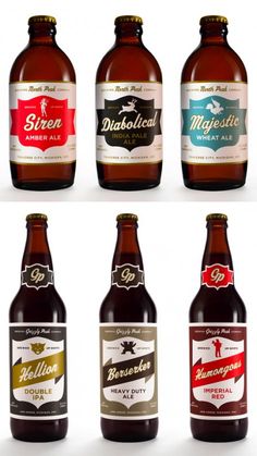 six different types of beer bottles with labels on the top and bottom, all in different colors