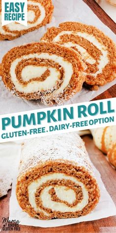 pumpkin roll is cut in half and ready to be eaten with the text, easy recipe