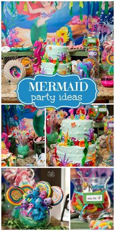 a collage of photos with the words mermaid party ideas on it and pictures of decorations