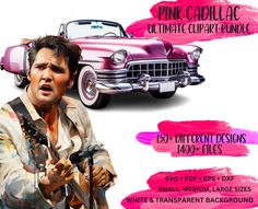 a man holding a guitar in front of a pink car with the words pink cadillac on it