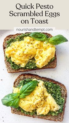 Two slices of toast topped with pesto, scrambled eggs and a garnish of fresh basil. Egg Pesto Breakfast, Breakfast Toast Savory, Pesto Toast Breakfast, Pesto Egg Sandwich, Pesto Eggs Breakfast, Eggs With Basil, Spinach Scrambled Eggs, Pesto Breakfast, Healthy Savory Breakfast