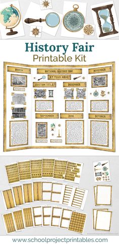 the history fair printable kit is shown in gold and white, with pictures on it