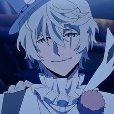 an anime character with white hair and blue eyes, wearing a crown on his head