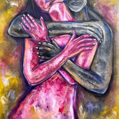 a painting of two people hugging each other