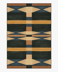 an area rug with different colors and patterns on it, including black, brown, tan, blue, yellow and green