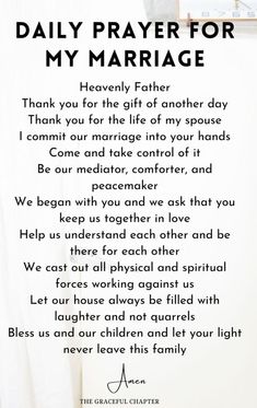 a poem written in black on a white background that says, daily prayer for my marriage