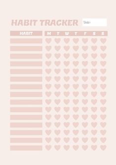 a printable habit tracker is shown with hearts on the side and numbers in pink