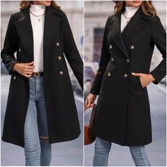 Black Long Coat Outerwear With Buttons, Black Long Coat With Buttons, Black Long Coat With Button Closure, Business Casual Long Sleeve Pea Coat, Business Casual Long Pea Coat With Buttons, Fall Office Outerwear With Double Button Closure, Winter Office Outerwear With Button Closure, Fall Outerwear For Office With Double Button Closure, Casual Long Pea Coat For Office