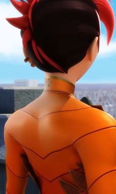 the animated character is wearing an orange outfit and has her back turned to the camera