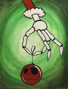 an acrylic painting of a skeleton hanging on to a red ball