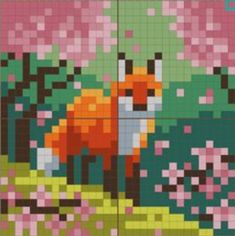 a cross stitch pattern with an orange fox in the grass and pink flowers on it