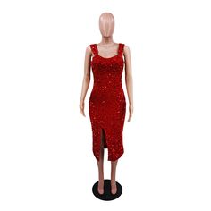 Red Sequin Split Bodycon Party Dress Glamorous Sheath Bodycon Party Dress, Glamorous Sheath Midi Dress For Party, Red Bodycon Dress For Party, Red Midi Dress For Prom Party Season, Red Midi Dress For Prom And Party Season, Red Fitted Bodycon Dress For Party, Sheath Midi Dress For Party, Fitted Red Bodycon Dress For Party, Red Holiday Party Bodycon Dress