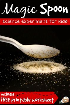 a spoon full of sprinkles sitting on top of a black surface with the title magic spoon science experiment for kids includes free printable worksheet