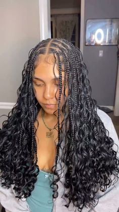 Medium Knowles Braids With Curls, Knottles Goddess Braids, Medium Boho Braids With Curls, Medium Boho Hairstyles, Small Mid Back Knotless Braids, Half Boho Braids Half Sew In, Medium Knotless Box Braids Boho, Boho Braids With Curls At The End, Bra Length Boho Knotless Braids