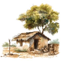 a watercolor painting of a hut with a tree on the roof and dirt ground