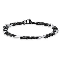 Men's two tone stainless steel figaro chain bracelet Black Metal Chain Bracelet With Stainless Steel Clasp, Durable Black Stainless Steel Chain Bracelet, Black Chain Link Bracelet With Stainless Steel Clasp, Mens Chain Black Rhodium Bracelet, Gold-tone Adjustable Chain Stainless Steel Bracelet, Byzantine Necklace, Cuban Link Chain Necklaces, Figaro Chain Necklace, Figaro Chains