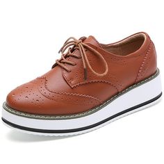 These flat casual sneakers for women feature a platform oxford style with a Derby-style design and a vintage brogue pattern lace-up upper. They add a touch of elegance and sophistication to any outfit. The platform sole provides both style and comfort, making these shoes perfect for both casual and formal wear. These fashionable platform Oxford shoes for women can be paired well with jeans, leather pants, shirts, and leather jackets. With their unique blend of classic and modern styles, these sh Platform Shoes Casual, Platform Oxford Shoes, Oxford Shoes For Women, Brown Casual Shoes, Oxford Platform Shoes, Dress Up Shoes, Brown Dress Shoes, Oxford Style, Brown Oxfords