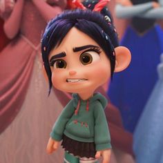 an animated character is standing in front of some other characters and looking at the camera